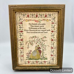 Vintage Embroidered Jewelry Box Mirror Compartments Gold Medium Floral Sampler