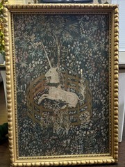 FRAMED MEDIEVAL TAPESTRY WALL HANGING UNICORN IN CAPTIVITY Licorne Captive 29×20