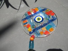 Fused Glass Round Evil Eye Mosaic Decor Wall Hanging, ~10″ long, 5″ diameter