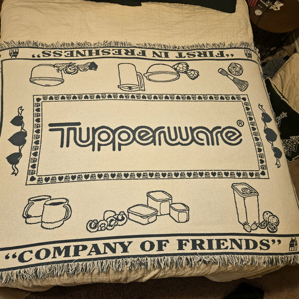 Vintage 90’s Tupperware Branded Cotton Afghan in Cream and Country Blue