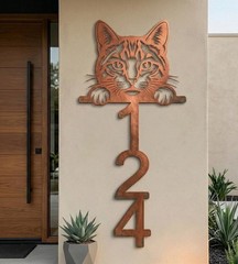 Custom Cat House Numbers Vertical Metal Address Sign Outdoor Home Decor