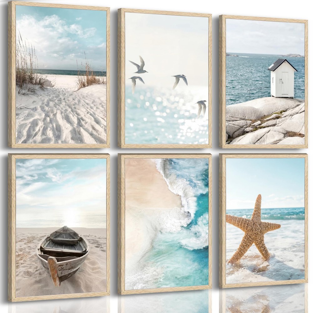 6 Pcs Coastal Poster Wall Art,Seaside Wave Beach Painting Picture Wall Decor,…