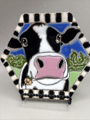 Art Glass Fused 7” Hexagon Trinket Dish Smiling Cow! Mint! Signed!