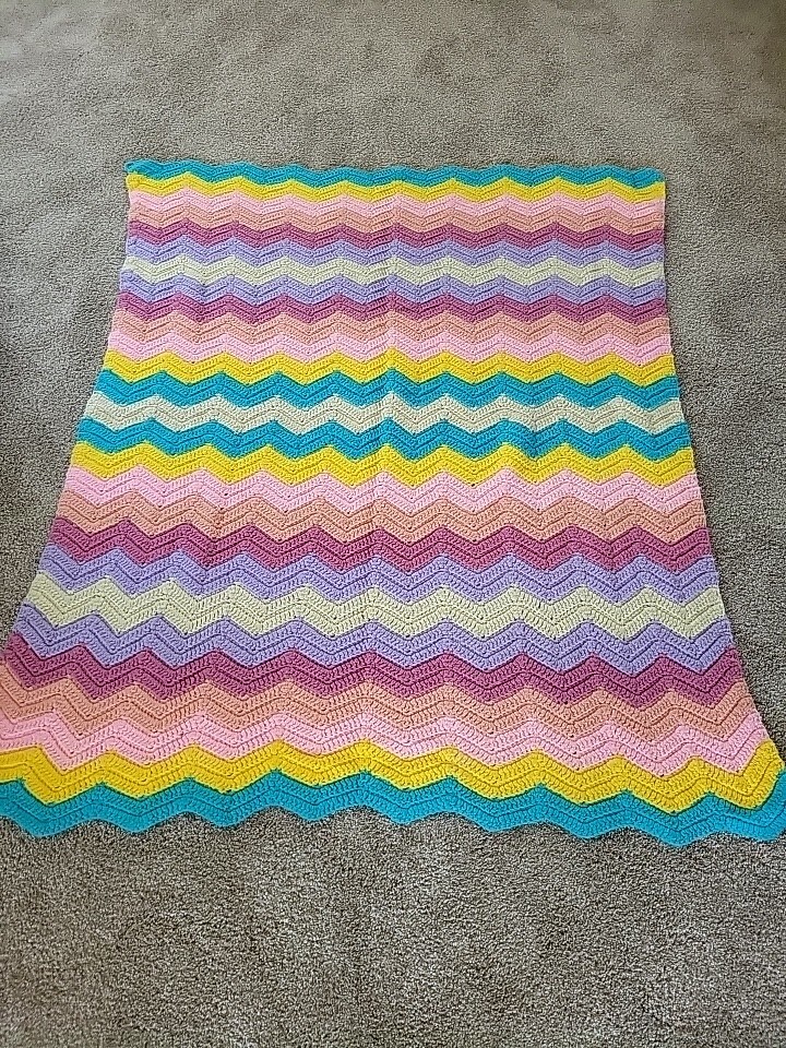 Handmade Crochet Afghan Blanket Appox. 54″ x 45″ Bright Pastel Chevron Pattern