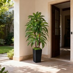 Artificial Dracaena Tree with Lights, 5Ft Fake Plants Black Tall Planter Indoor