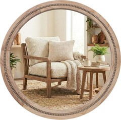 30″ Round Solid Wood Mirror, Handcrafted Beaded Circle for Bathroom Vanity