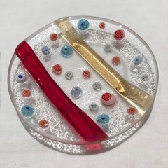 Fused Studio Art Glass Millefiori Trinket Dish Round 3.25″ Clear Stripes