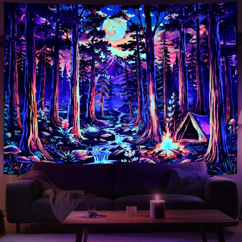 Fantasy Forest Blacklight Tapestry UV Reactive Tree Magical Neon Decor 79×59″