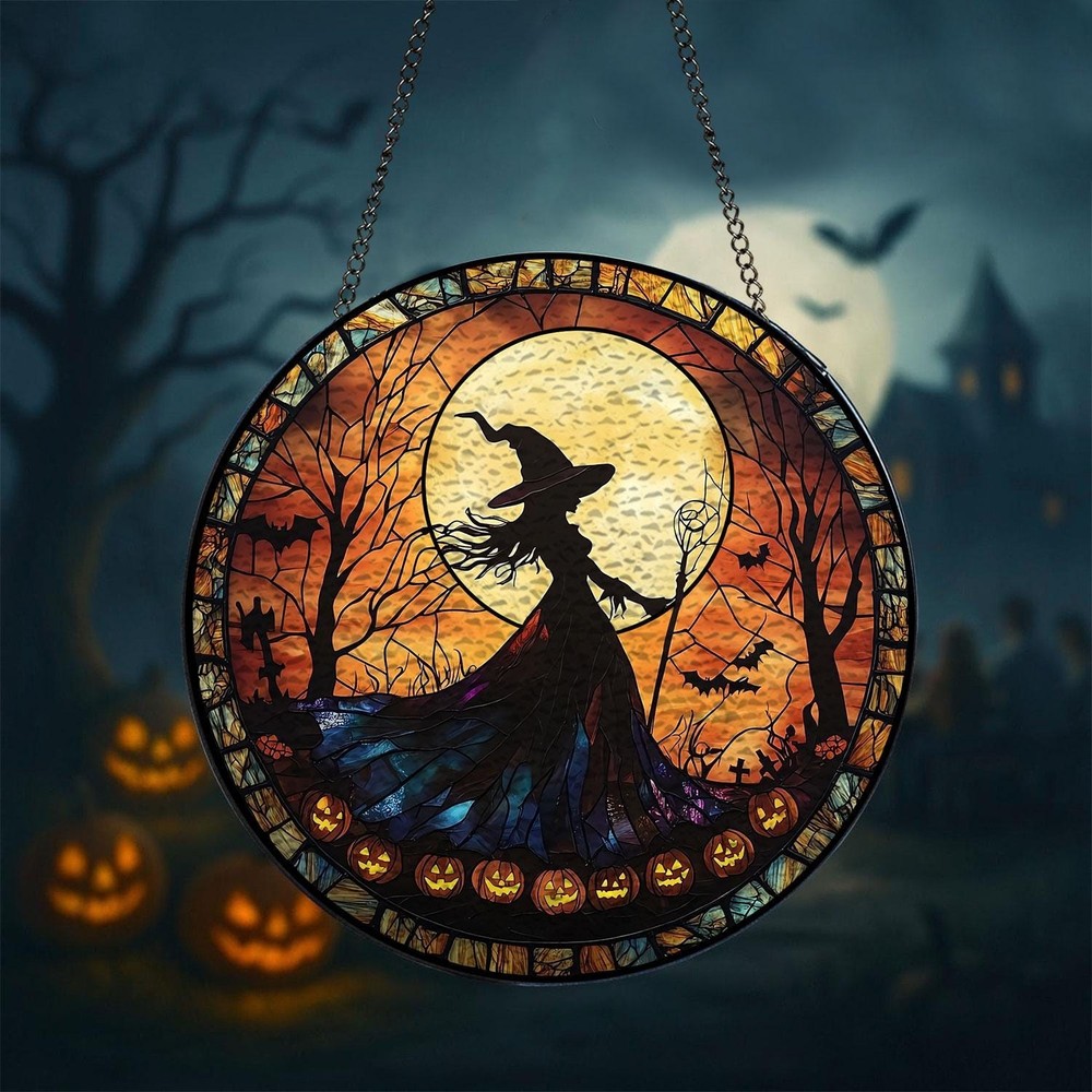 Halloween Witch With Moon Stained Glass, Witchy Window Hanging Decor