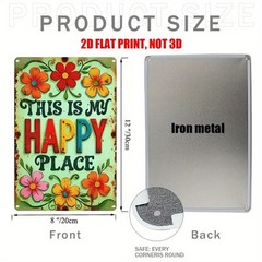Retro Garden Decor Metal Sign This Is My Happy Place Colorful Floral Plaque 12×8