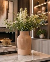 Minimalist Ribbed Vase 3D Printed Modern Home Decor Beige Vase 9” Art Deco