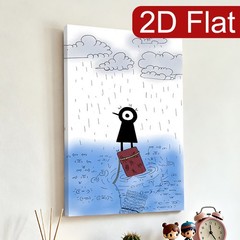 One-Eyed Black Character in the Rain Canvas Wall Art, Whimsical Minimalist Decor