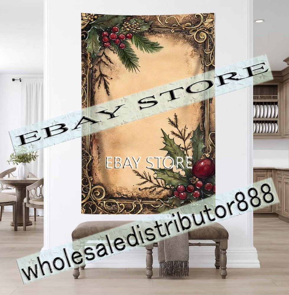 Holly Border tapestry rustic writing holiday decor indoor wall 59X82 in