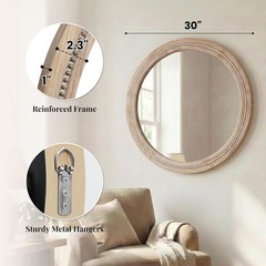 30″ Round Solid Wood Mirror, Handcrafted Beaded Circle for Bathroom Vanity