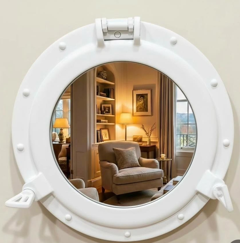 White Nautical Porthole Mirror 12in Aluminum Maritime Ship Window Wall Decor
