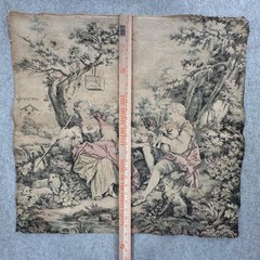 Vintage French Country Tapestry Fabric Panel Pastoral Scene Figures Sheep Birds