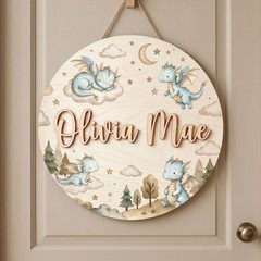 Personalized Dragon Dream Nursery Name Sign, Cute Baby Dragon Round Wood Sign