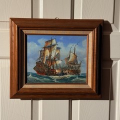 Vintage J. Harvey Original Maritime Oil Painting — 18th Century Tall Ships
