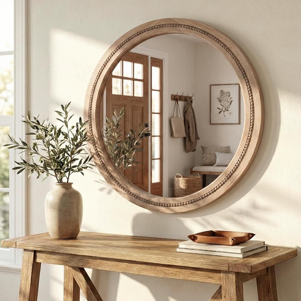 30″ Round Solid Wood Mirror, Handcrafted Beaded Circle for Bathroom Vanity