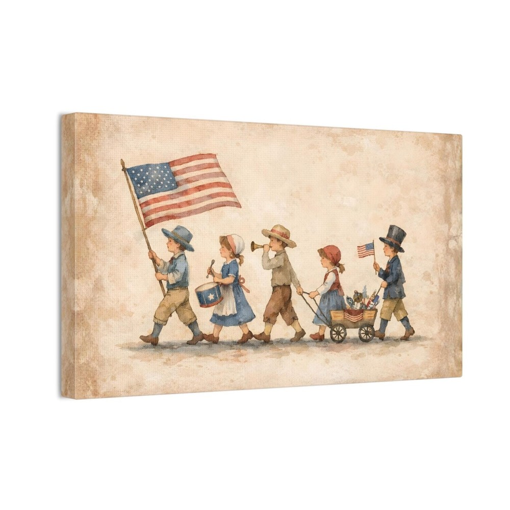 Vintage 4th of July Parade Canvas Art, Americana Kids Patriotic Wall Decor Print