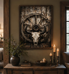 Western Bull Skull Wagon Wheel Canvas Wall Art – Rustic Cowboy Decor