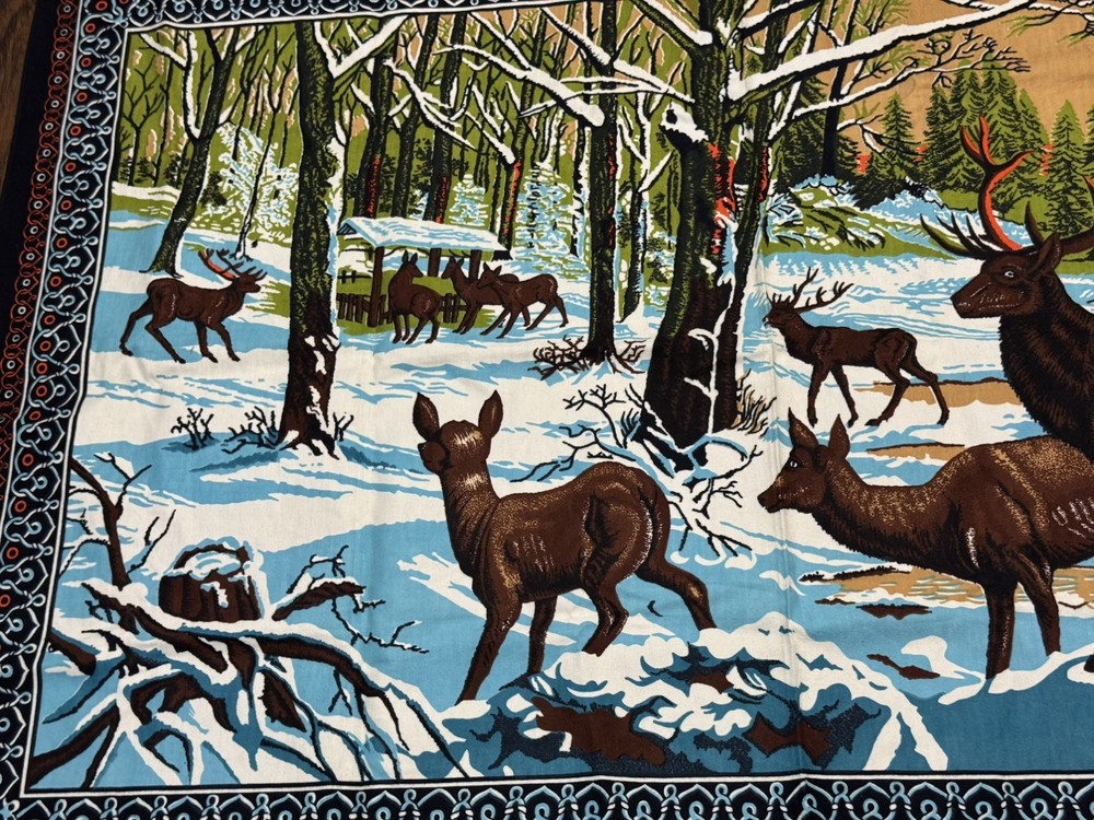 Vintage Tapestry Wall Hanging 37”x52” Deer Forest Winter Scene Made In Turkey