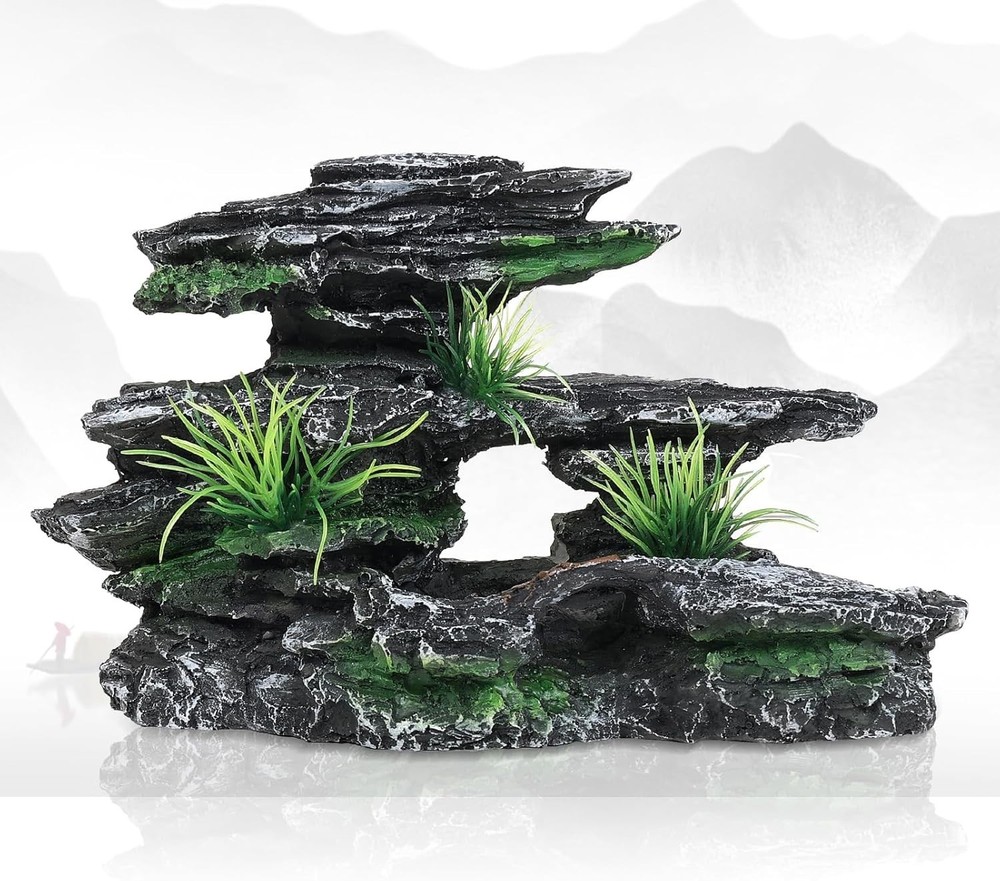 Aquarium Rock Cave Ornament Mountain View Stone Tree Landscape, Large Fish Tank