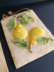 Kitchen Wall Plaques Tuscan Rustic 3D Pears Grapes 2 Textured Resin Jute Hangers