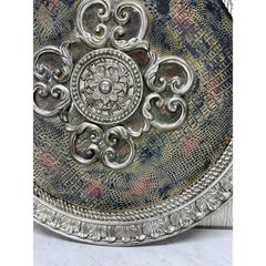 Ornate Silver Wall Plaque Faux Crocodile Texture Scrollwork Medallion 15.5″