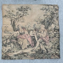 Vintage French Country Tapestry Fabric Panel Pastoral Scene Figures Sheep Birds
