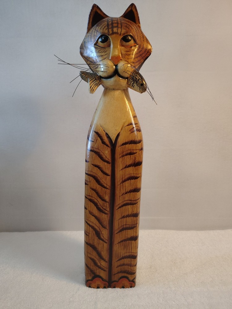 21″ Hand Carved Wood Cat Holding Fish Folk Art Statue Painted Solid Wood Dings
