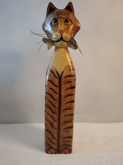 21″ Hand Carved Wood Cat Holding Fish Folk Art Statue Painted Solid Wood Dings