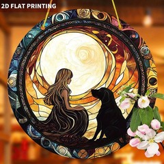 Girl & Black Dog Moon Acrylic Suncatcher Whimsical Boho Window Wall Decoration
