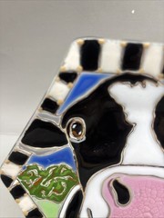 Art Glass Fused 7” Hexagon Trinket Dish Smiling Cow! Mint! Signed!