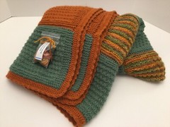 AFGHAN – LARGE -Hand Knit- 56″ X 46″ – Pumpkin/Green/Mixed- Machine Wash &Dry