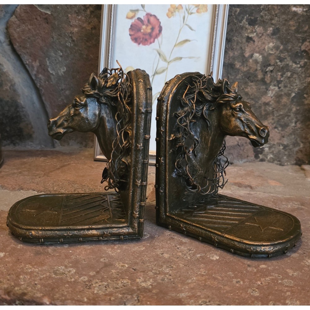 Vintage Bronze Horse Head Bookends Western Star Equestrian Decor Set of 2