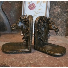 Vintage Bronze Horse Head Bookends Western Star Equestrian Decor Set of 2