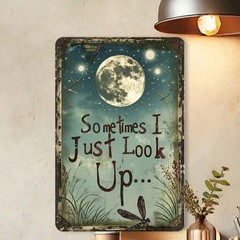 Sometimes I Just Look Up Tin Sign Vintage Metal Celestial Full Moon Wall Decor
