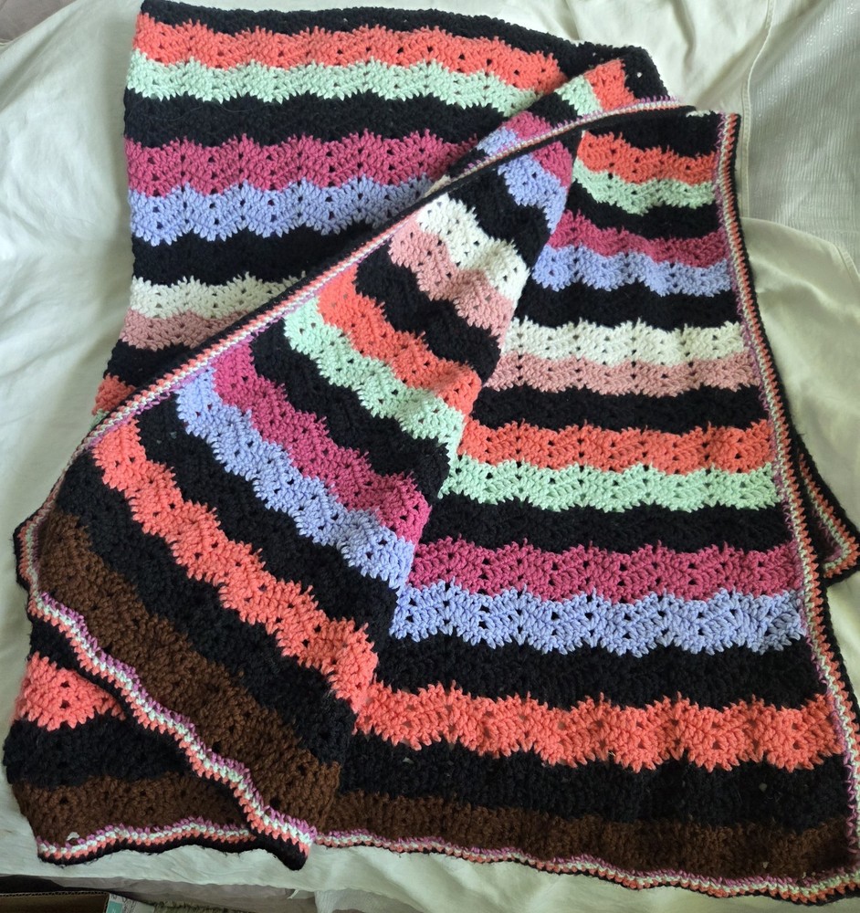 Vtg Handmade Crochet Chevron Zig Zag Throw Blanket Afghan 61″x54″ Colorful