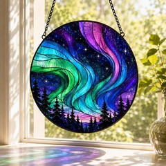 Northern Lights Stained Glass Suncatcher, Aurora Borealis Window Hanging Decor