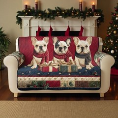 Christmas French Bulldog Sofa Cover Quilted Couch Protector Holiday Pet Decor