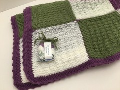AFGHAN – LARGE – Hand Knit- 58″ X 45″ – Purple/Green/White – Machine Wash & Dry