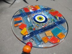 Fused Glass Round Evil Eye Mosaic Decor Wall Hanging, ~10″ long, 5″ diameter