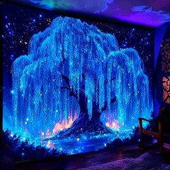 Blacklight Starry Night Tree Tapestry, UV Reactive Neon Willow Tree of Life Wall