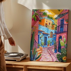 Colorful Mediterranean Street Scene Canvas Wall Art Vibrant Village Print Home