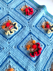 Handmade Blanket Afghan CLOWN Knit GRANNY SQUARES 38″ x 29″ Ruffle Pom 3D Ruffle