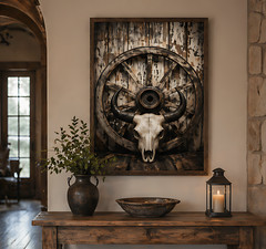 Western Bull Skull Wagon Wheel Canvas Wall Art – Rustic Cowboy Decor