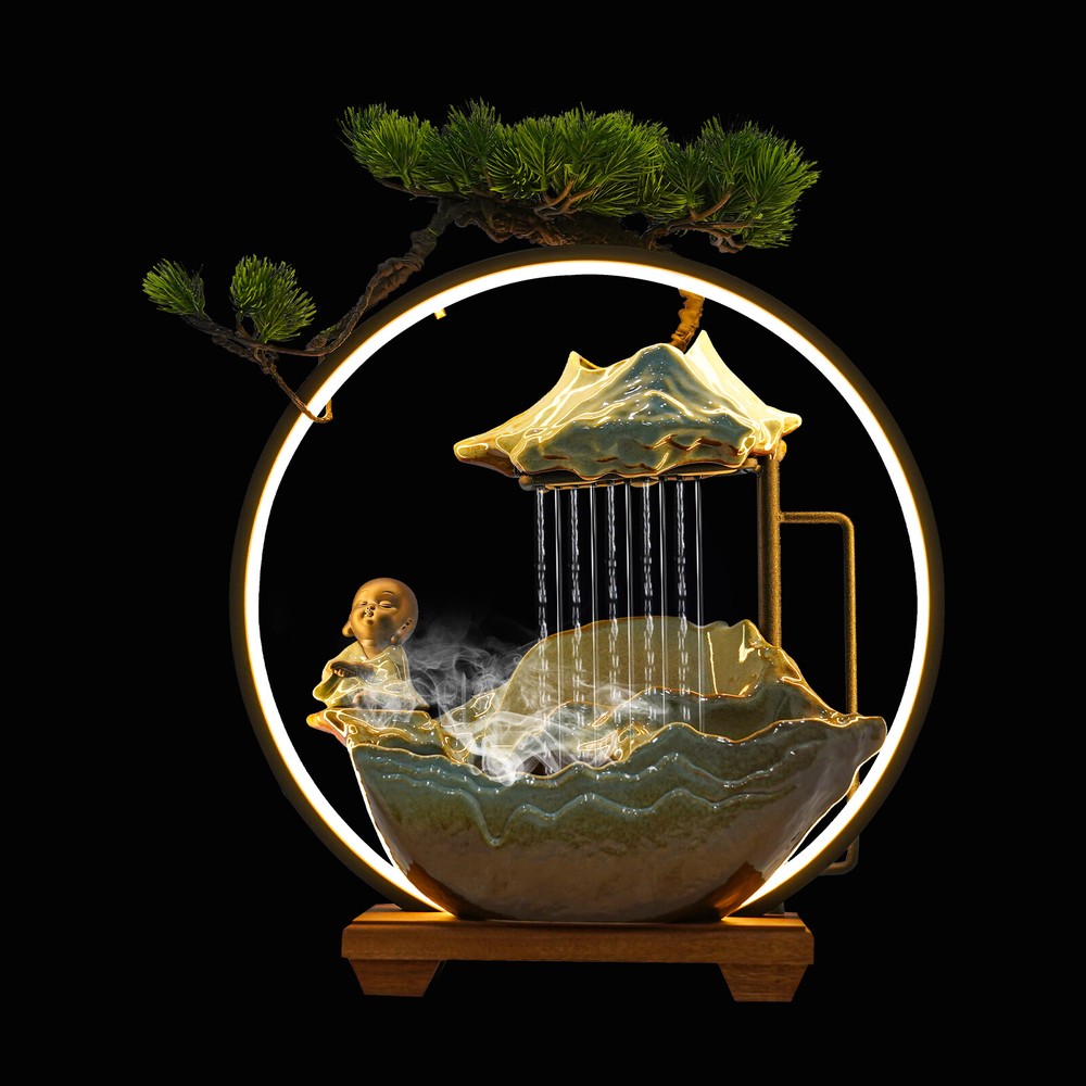 Desktop Waterfall Fountain Indoor Tabletop Ornament Resin Monk Feng Shui