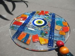 Fused Glass Round Evil Eye Mosaic Decor Wall Hanging, ~10″ long, 5″ diameter