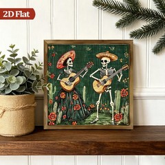 Mexican Day Dead Skeleton Couple Playing Guitar Wooden Plaque Boho Home Decor